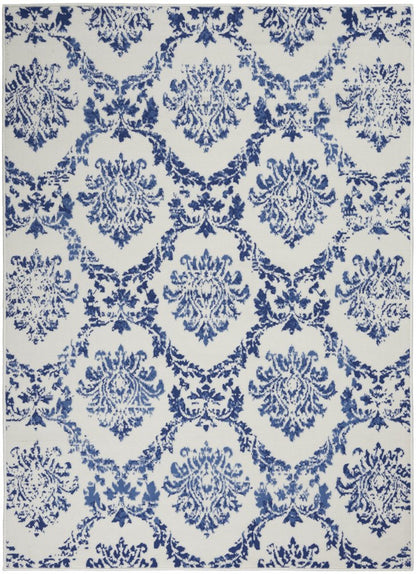 6' X 9' Blue And Ivory Damask Distressed Area Rug