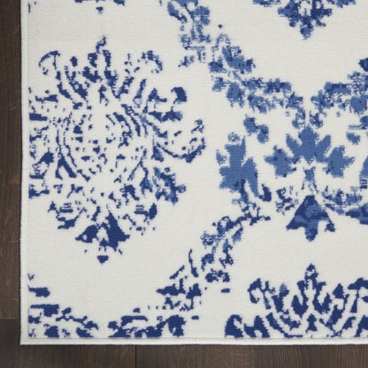 6' X 9' Blue And Ivory Damask Distressed Area Rug
