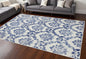 6' X 9' Ivory And Blue Damask Distressed Area Rug