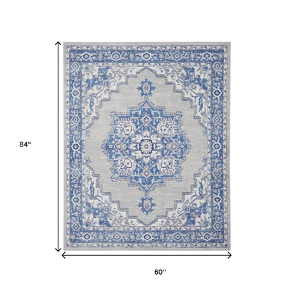 4' X 6' Ivory And Blue Medallion Area Rug