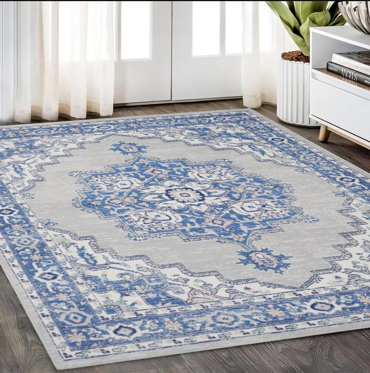 5' X 7' Navy Blue Floral Dhurrie Area Rug