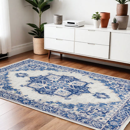 5' X 7' Navy Blue Floral Dhurrie Area Rug