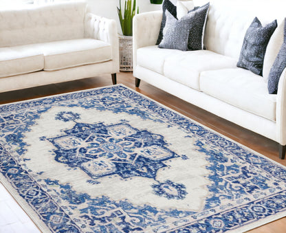 5' X 7' Navy Blue Floral Dhurrie Area Rug