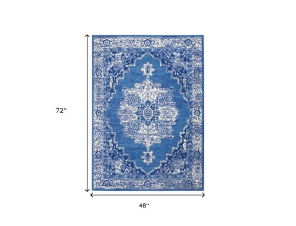 5' X 7' Navy Blue Floral Dhurrie Area Rug