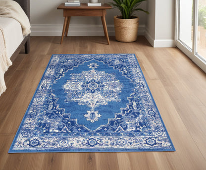 5' X 7' Navy Blue Floral Dhurrie Area Rug