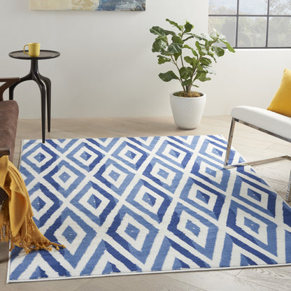 5' X 7' Blue And Ivory Geometric Dhurrie Area Rug