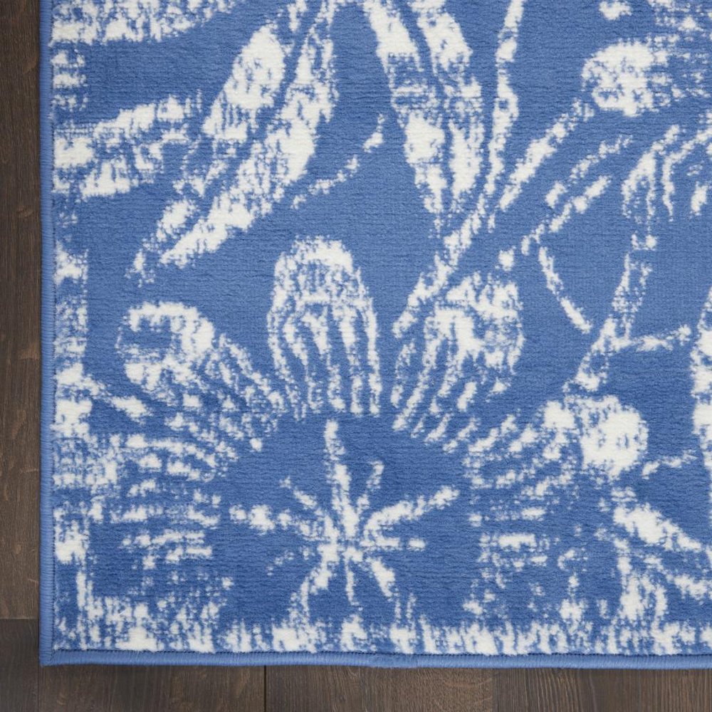 5' X 7' Blue And Ivory Floral Vines Distressed Area Rug