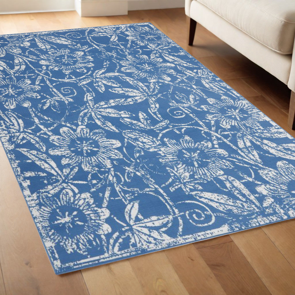 5' X 7' Blue Floral Dhurrie Area Rug