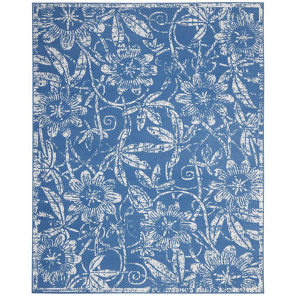 5' X 7' Blue And Ivory Floral Vines Distressed Area Rug