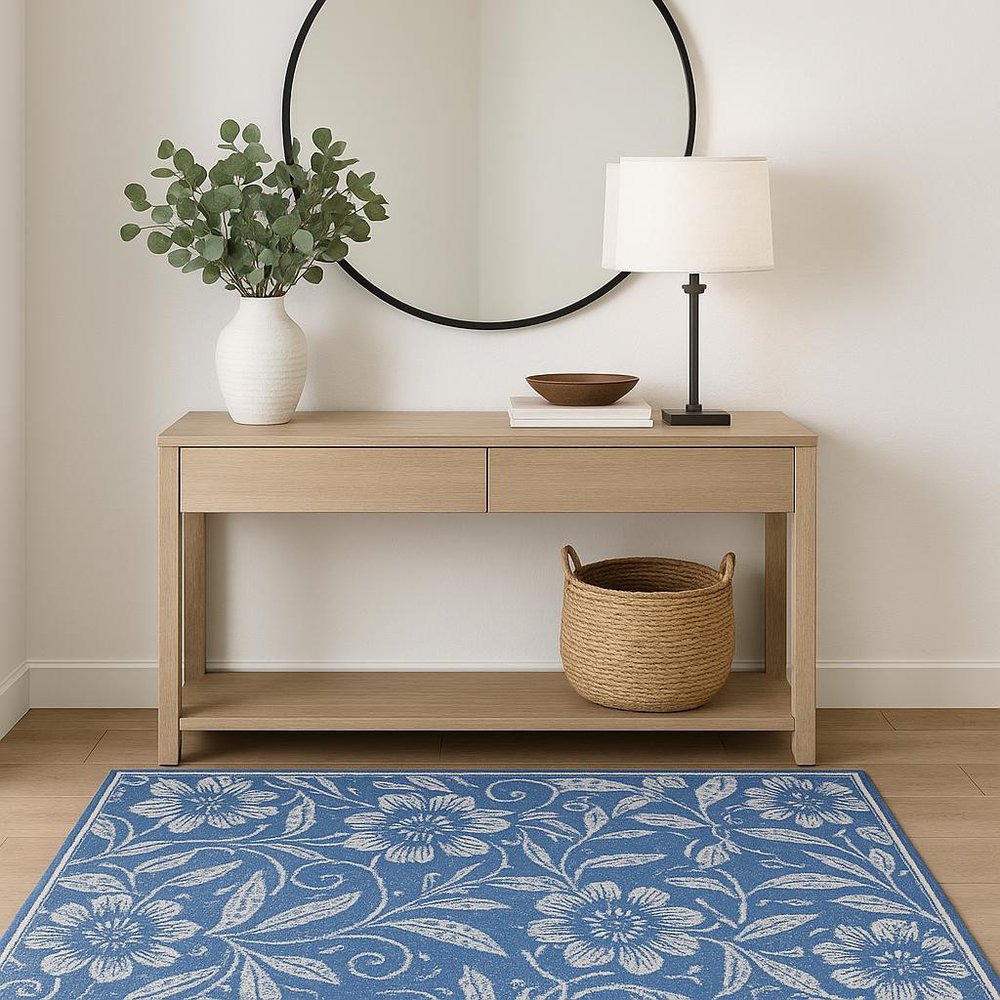 5' X 7' Blue And Ivory Floral Vines Distressed Area Rug