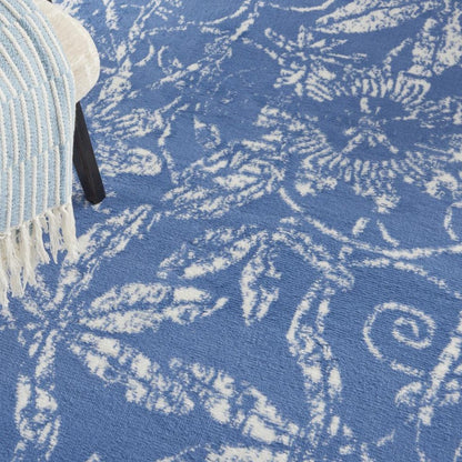 4' X 6' Blue And Ivory Floral Vines Distressed Area Rug