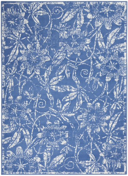 4' X 6' Blue And Ivory Floral Vines Distressed Area Rug