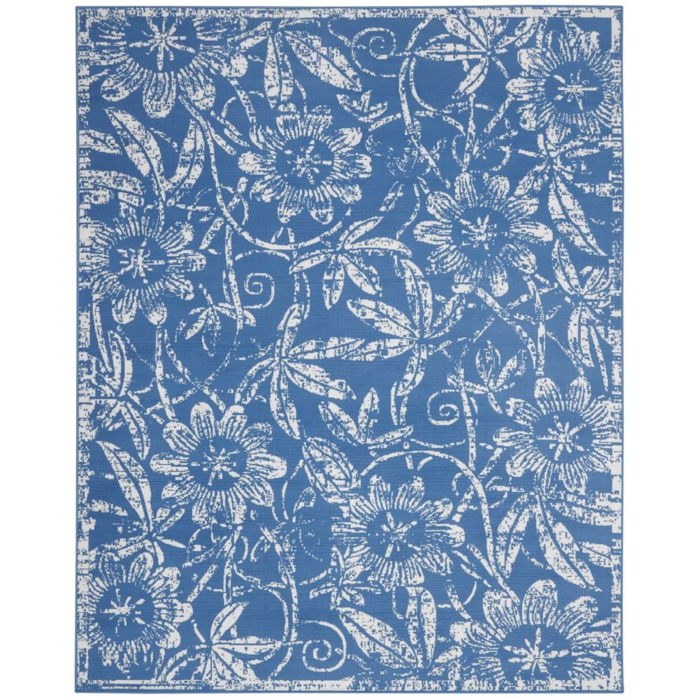 5' X 7' Blue And Ivory Floral Vines Distressed Area Rug