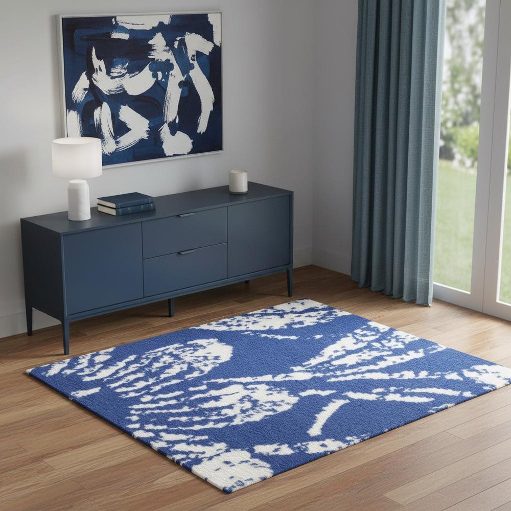 6' X 9' Ivory And Blue Floral Vines Distressed Area Rug