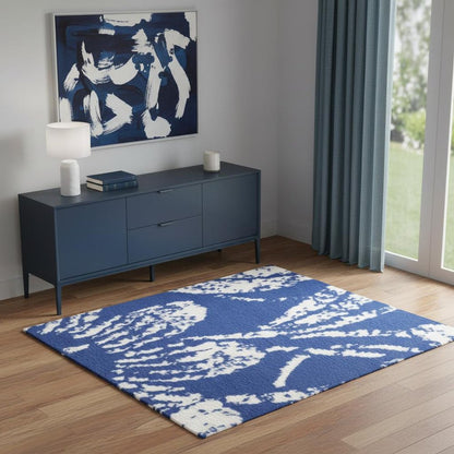 5' X 7' Ivory And Blue Floral Vines Distressed Area Rug