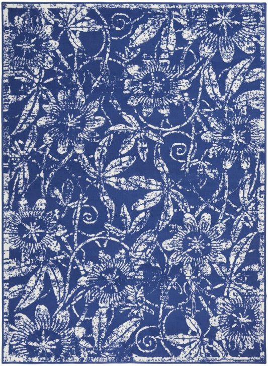 6' X 9' Ivory And Blue Floral Vines Distressed Area Rug
