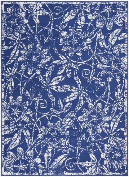6' X 9' Ivory And Blue Floral Vines Distressed Area Rug