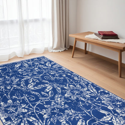 5' X 7' Navy Blue Floral Dhurrie Area Rug