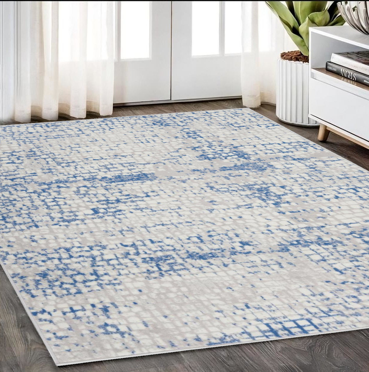 5' X 7' Blue Gray Abstract Dhurrie Area Rug