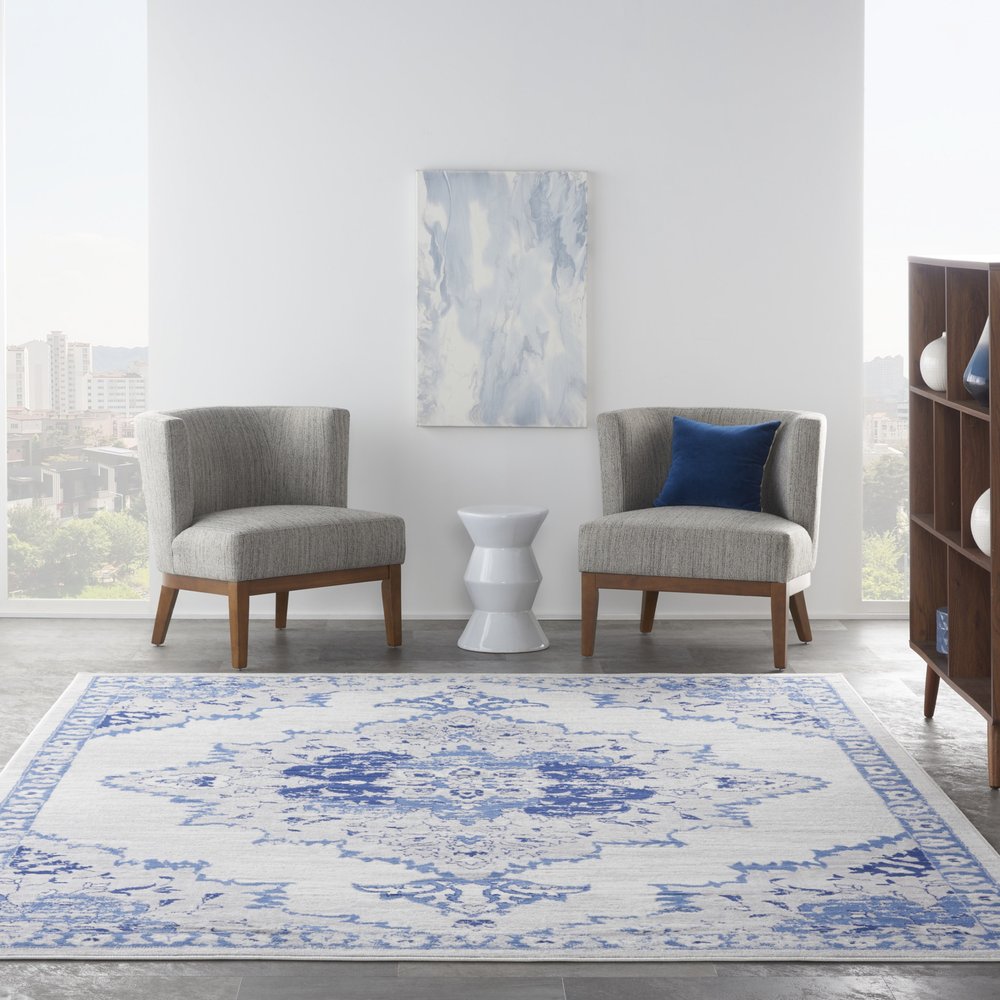 4' X 6' Ivory And Blue Geometric Area Rug