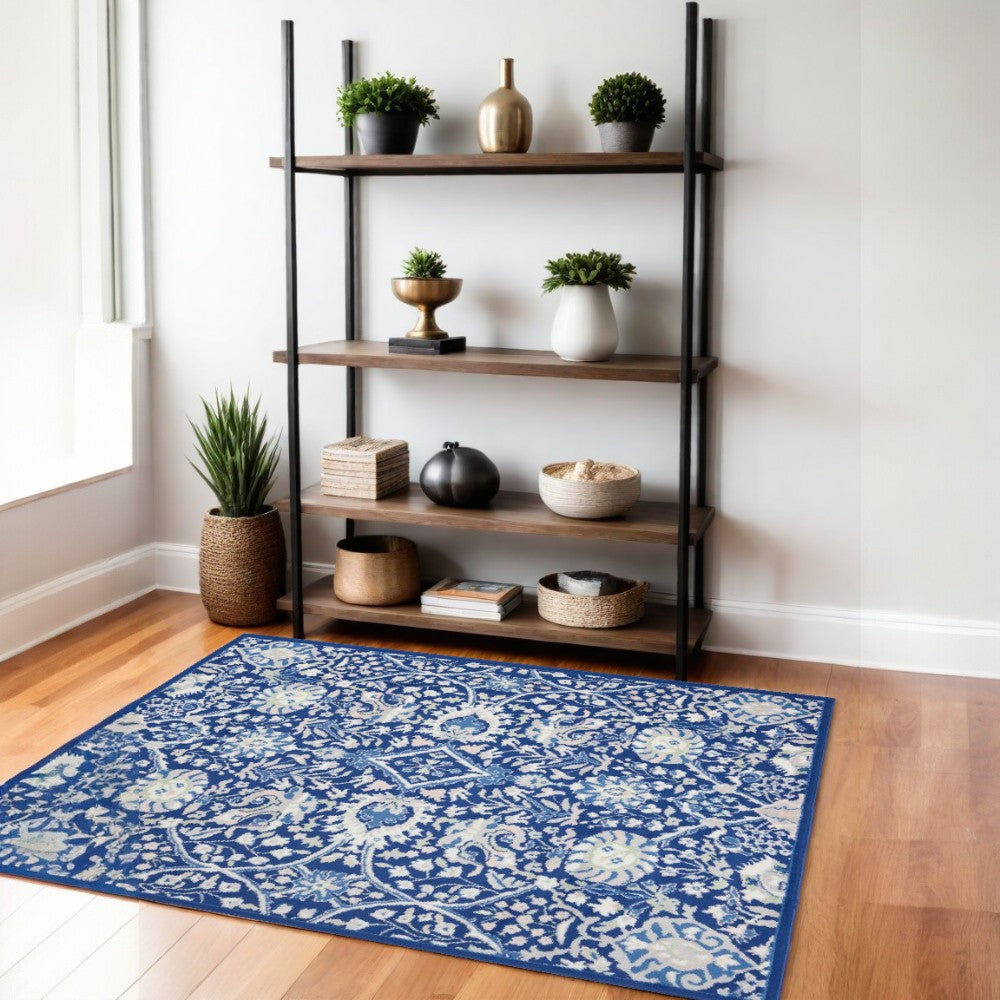 5' X 7' Navy Blue Floral Dhurrie Area Rug