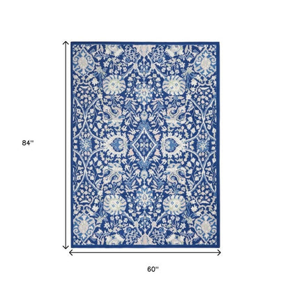 6' X 9' Blue And Ivory Floral Area Rug