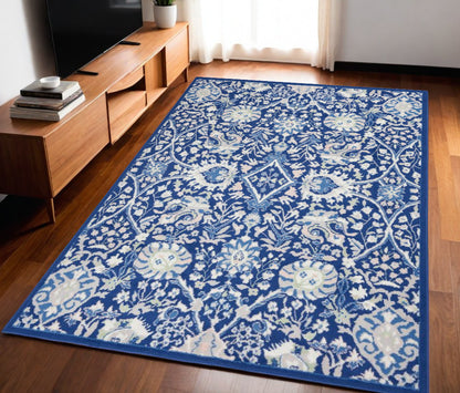 5' X 7' Navy Blue Floral Dhurrie Area Rug