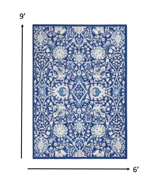 5' X 7' Navy Blue Floral Dhurrie Area Rug