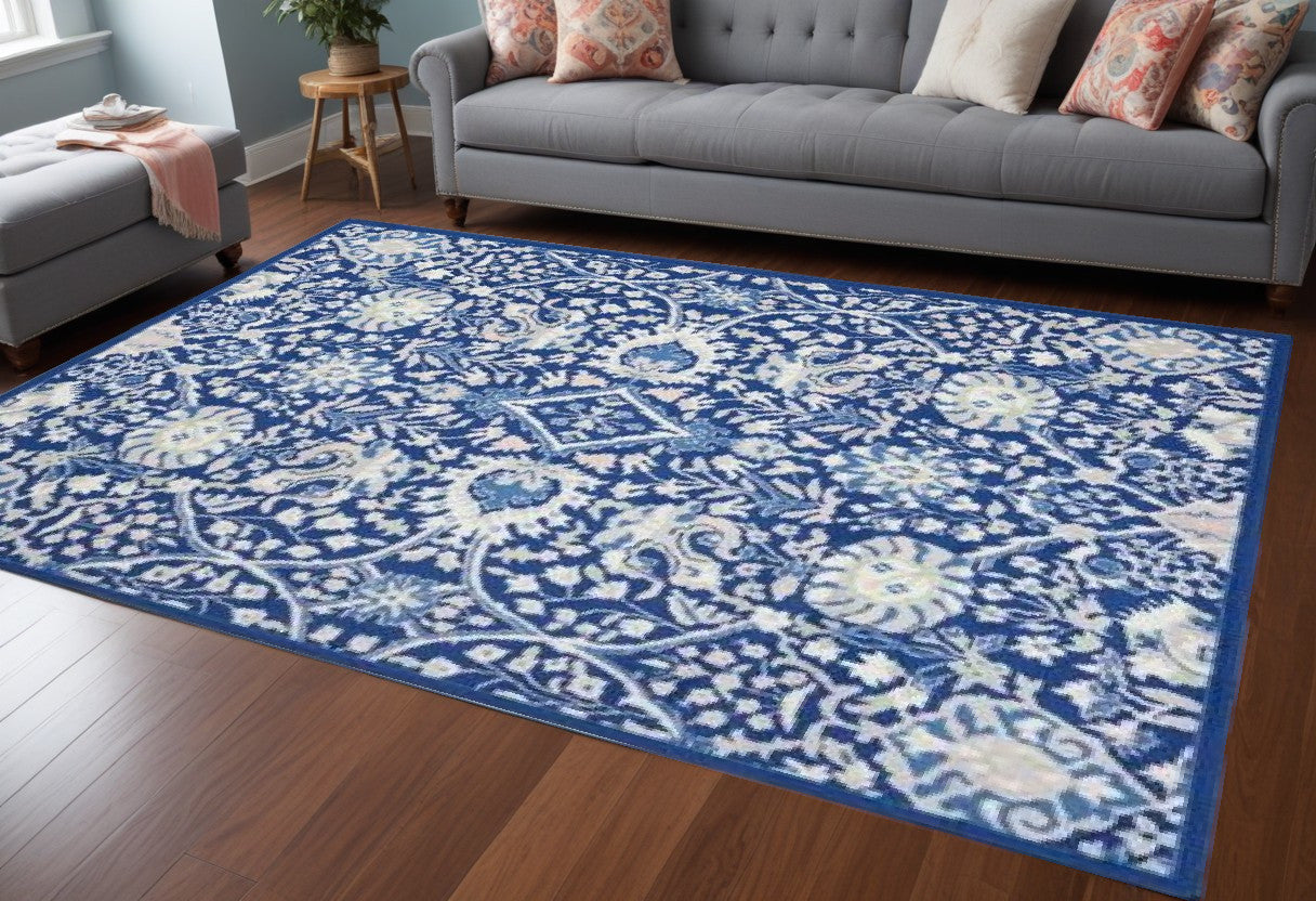 5' X 7' Navy Blue Floral Dhurrie Area Rug