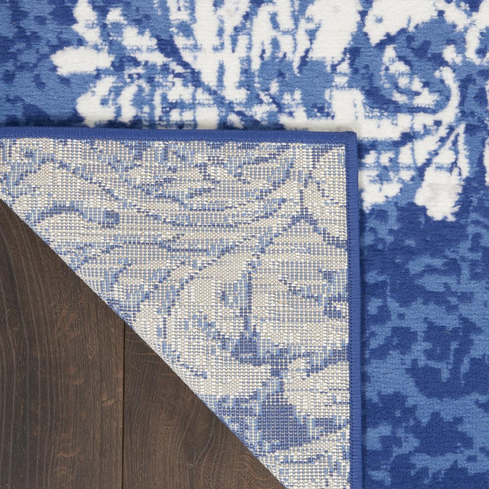 4' X 6' Ivory And Blue Damask Distressed Area Rug