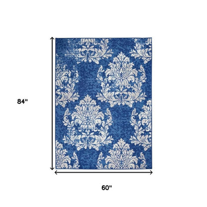 4' X 6' Ivory And Blue Damask Distressed Area Rug