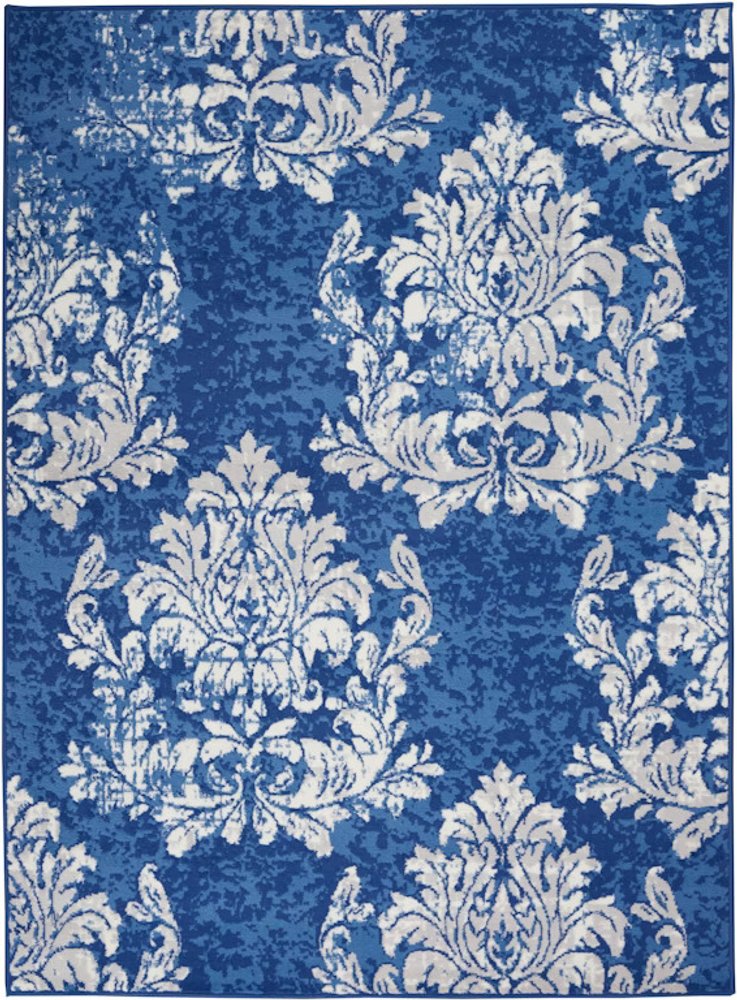 4' X 6' Ivory And Blue Damask Distressed Area Rug
