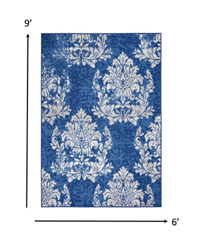 4' X 6' Ivory And Blue Damask Distressed Area Rug