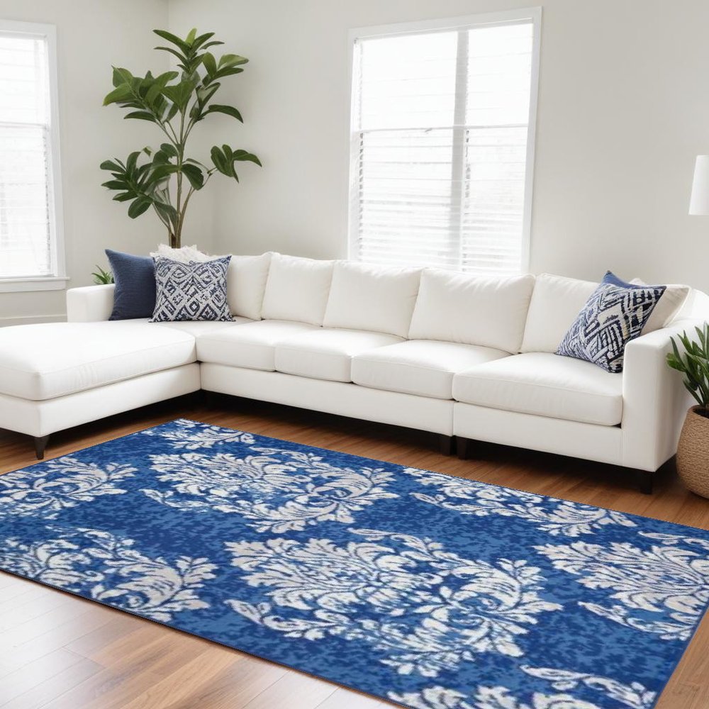 4' X 6' Ivory And Blue Damask Distressed Area Rug