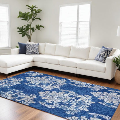 4' X 6' Ivory And Blue Damask Distressed Area Rug