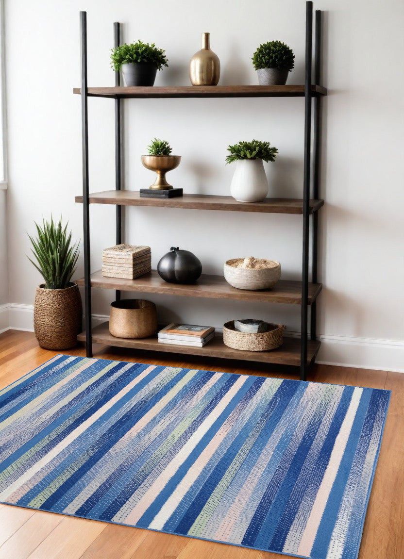 5' X 7' Blue And White Striped Dhurrie Area Rug