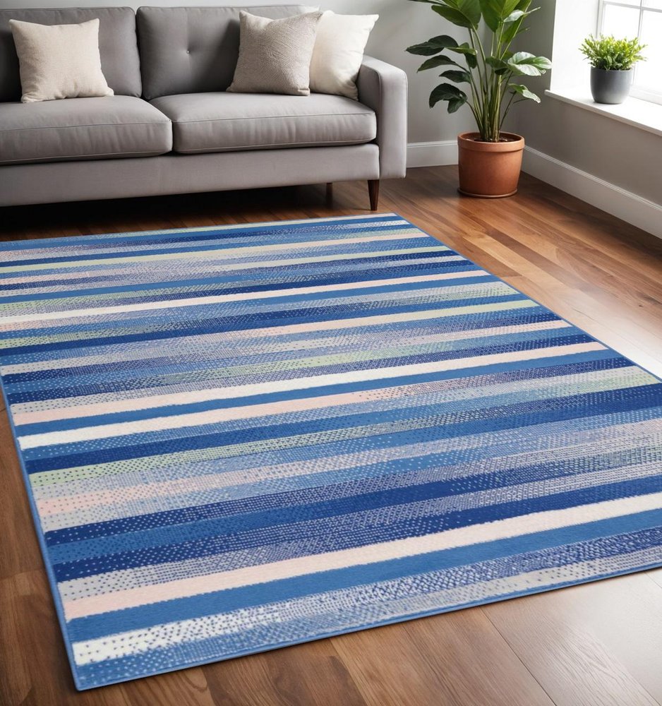 4' X 6' Blue And White Striped Distressed Area Rug