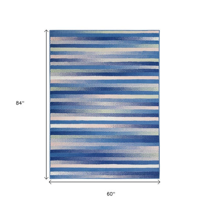 4' X 6' Blue And White Striped Distressed Area Rug