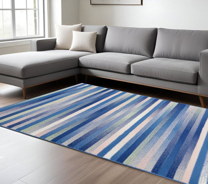 4' X 6' Blue And White Striped Distressed Area Rug