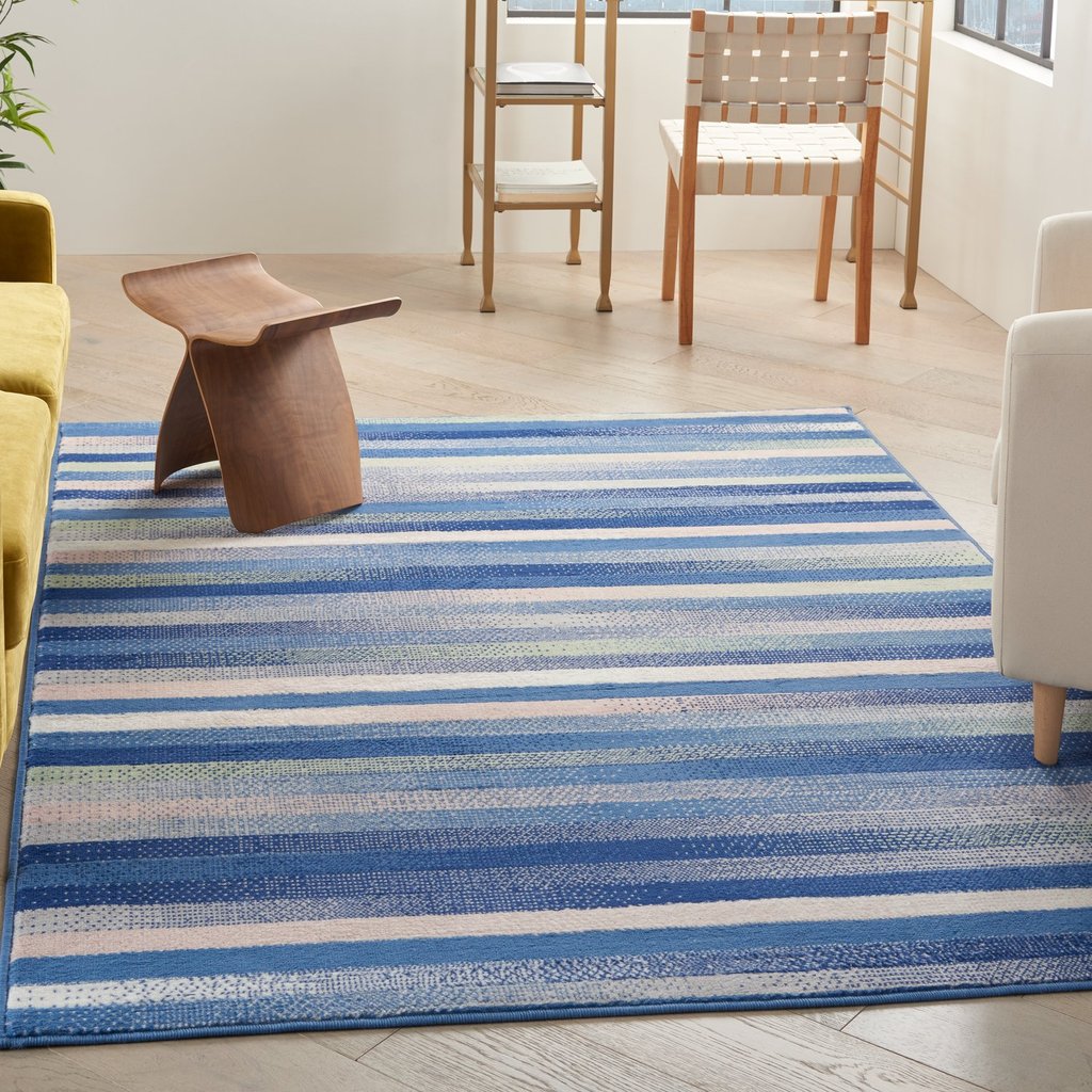 5' X 7' Blue And White Striped Dhurrie Area Rug