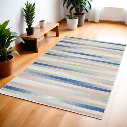 5' X 7' Navy Blue Striped Dhurrie Area Rug