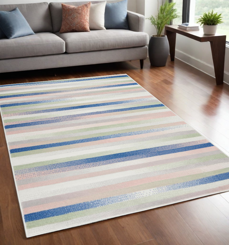 5' X 7' Navy Blue Striped Dhurrie Area Rug