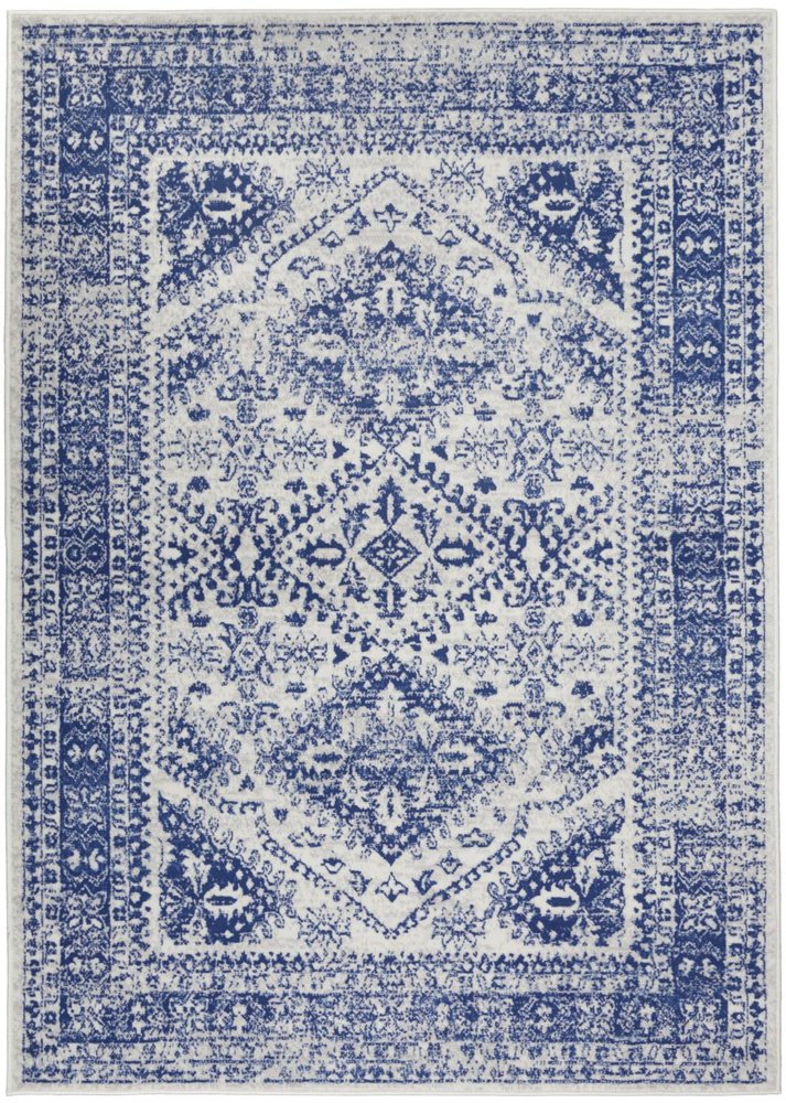 5' X 7' Ivory And Blue Geometric Distressed Area Rug