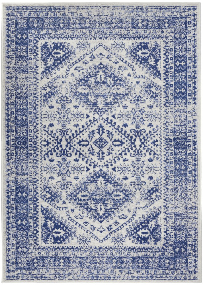 4' X 6' Ivory And Blue Geometric Distressed Area Rug