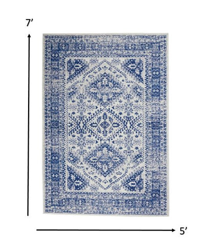 5' X 7' Navy Blue Geometric Dhurrie Area Rug