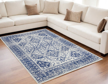 5' X 7' Navy Blue Geometric Dhurrie Area Rug