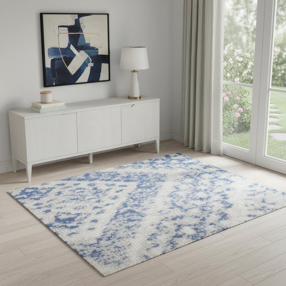 6' X 9' Ivory And Blue Geometric Area Rug