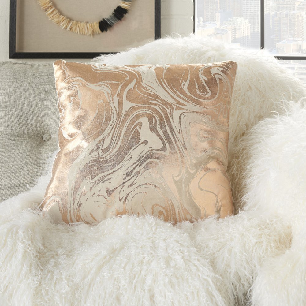 Pink Accent Throw Pillow With Rose Gold Swirl Design
