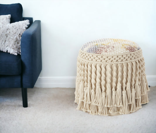 18" Ivory and Blue Cotton Round Abstract Pouf Ottoman