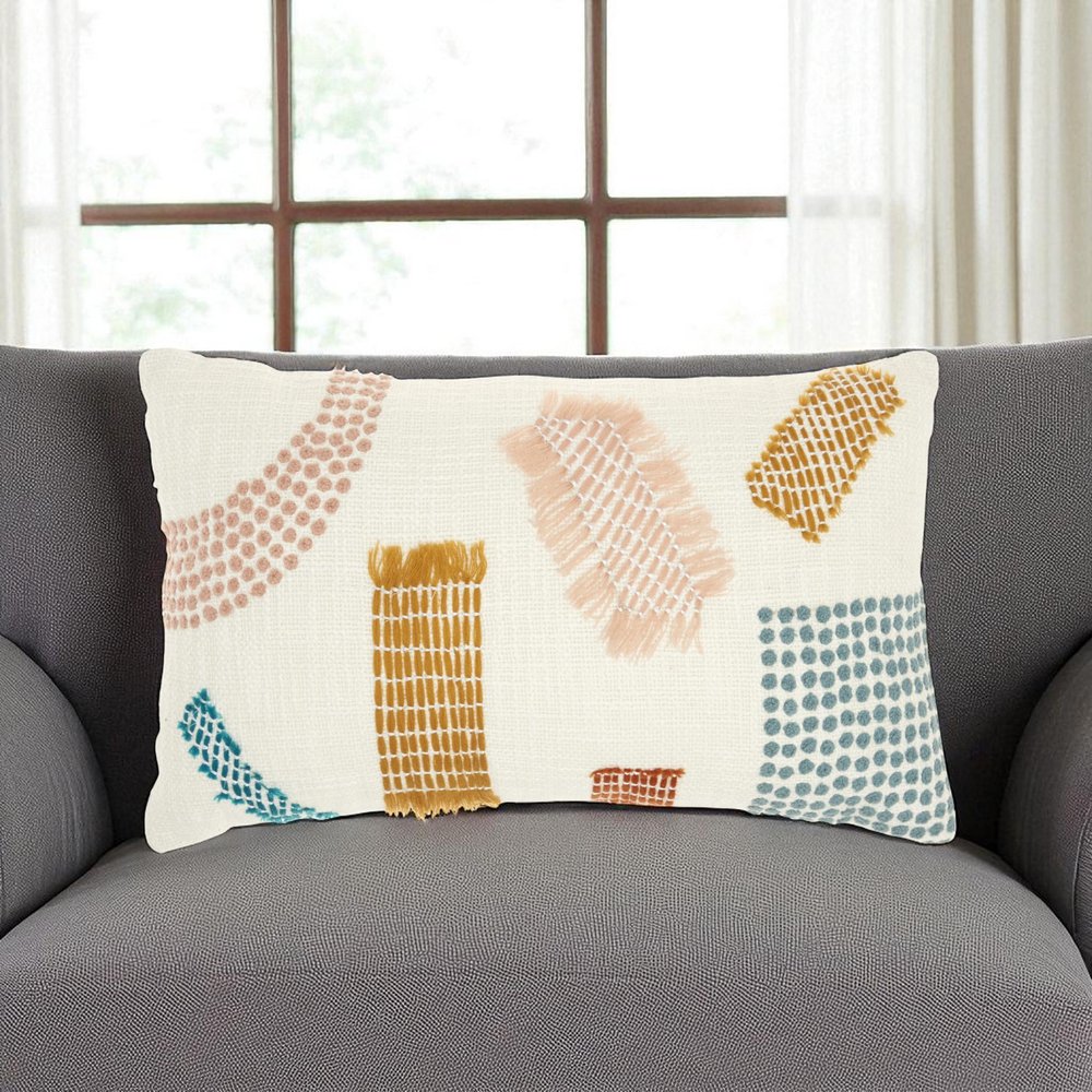 12" X 20" Beige Blue and Ivory Geometric Cotton Throw Pillow With Textured Appliques